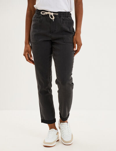 Jeans droit cropped taille &eacute;lastiqu&eacute;e denim noir femme