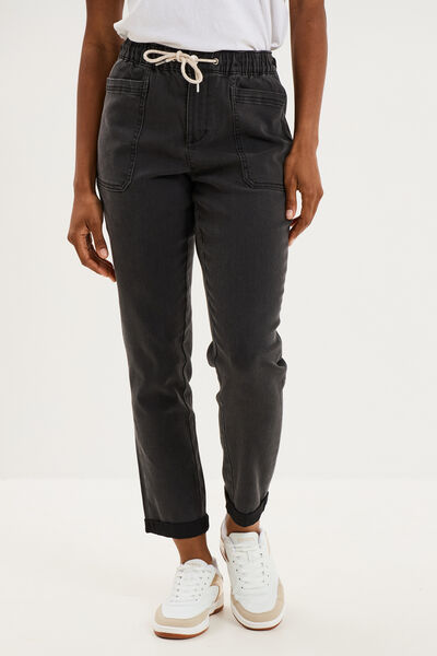 Jeans droit cropped taille &eacute;lastiqu&eacute;e denim noir femme