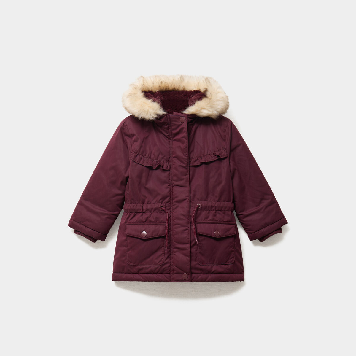Manteau &agrave; capuche fausse fourrure bordeaux b&eacute;b&eacute; fille