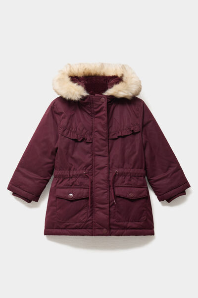 Manteau &agrave; capuche fausse fourrure bordeaux b&eacute;b&eacute; fille