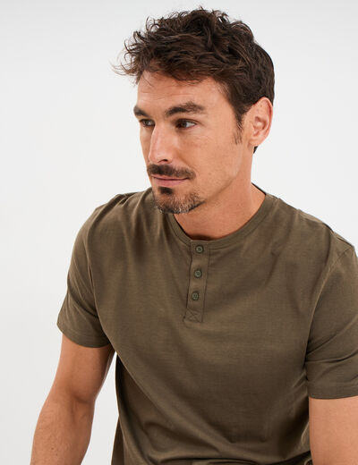 T-shirt col tunisien manches courtes vert kaki homme