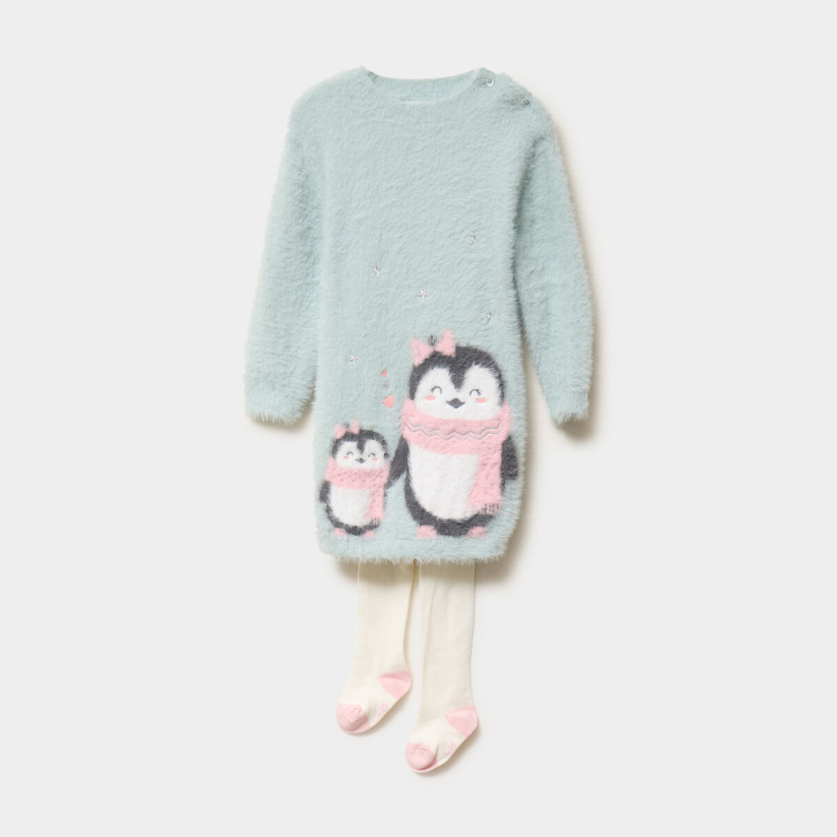 Ensemble robe tricot et collants vert pastel b&eacute;b&eacute; fille