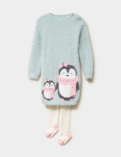 Ensemble robe tricot et collants vert pastel b&eacute;b&eacute; fille