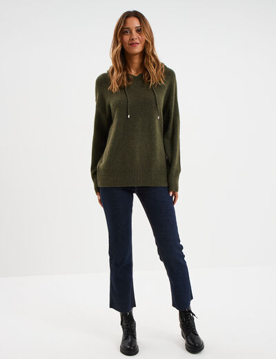 Pull &agrave; capuche manches longues vert kaki femme