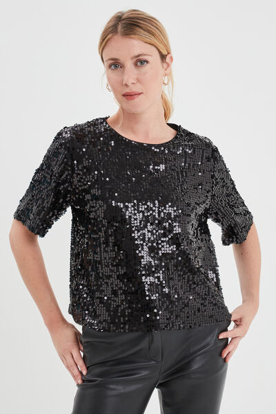 T-shirt à sequins manches courtes droit noir femme