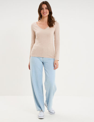 T-shirt manches longues col en V coton beige femme