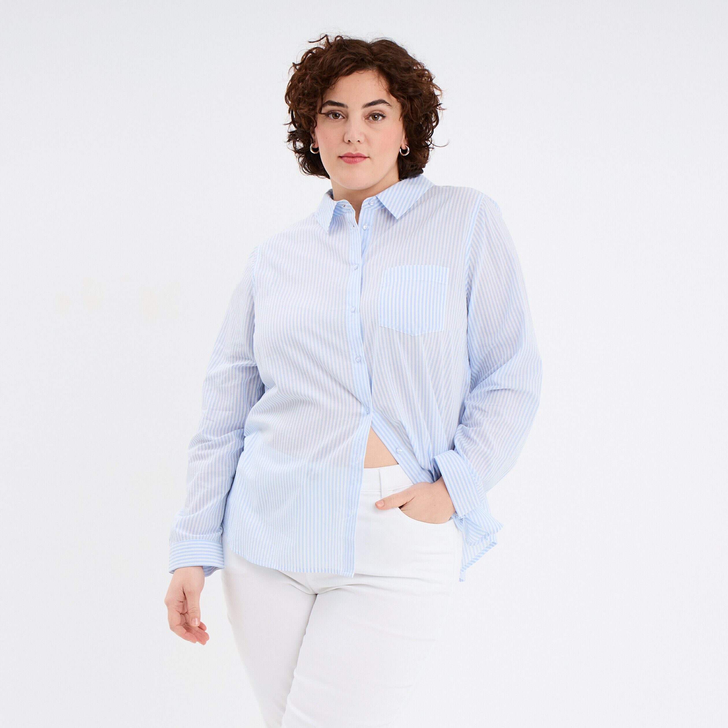 Chemise manches longues ajustée coton blanc femme grande taille MODAVISTA