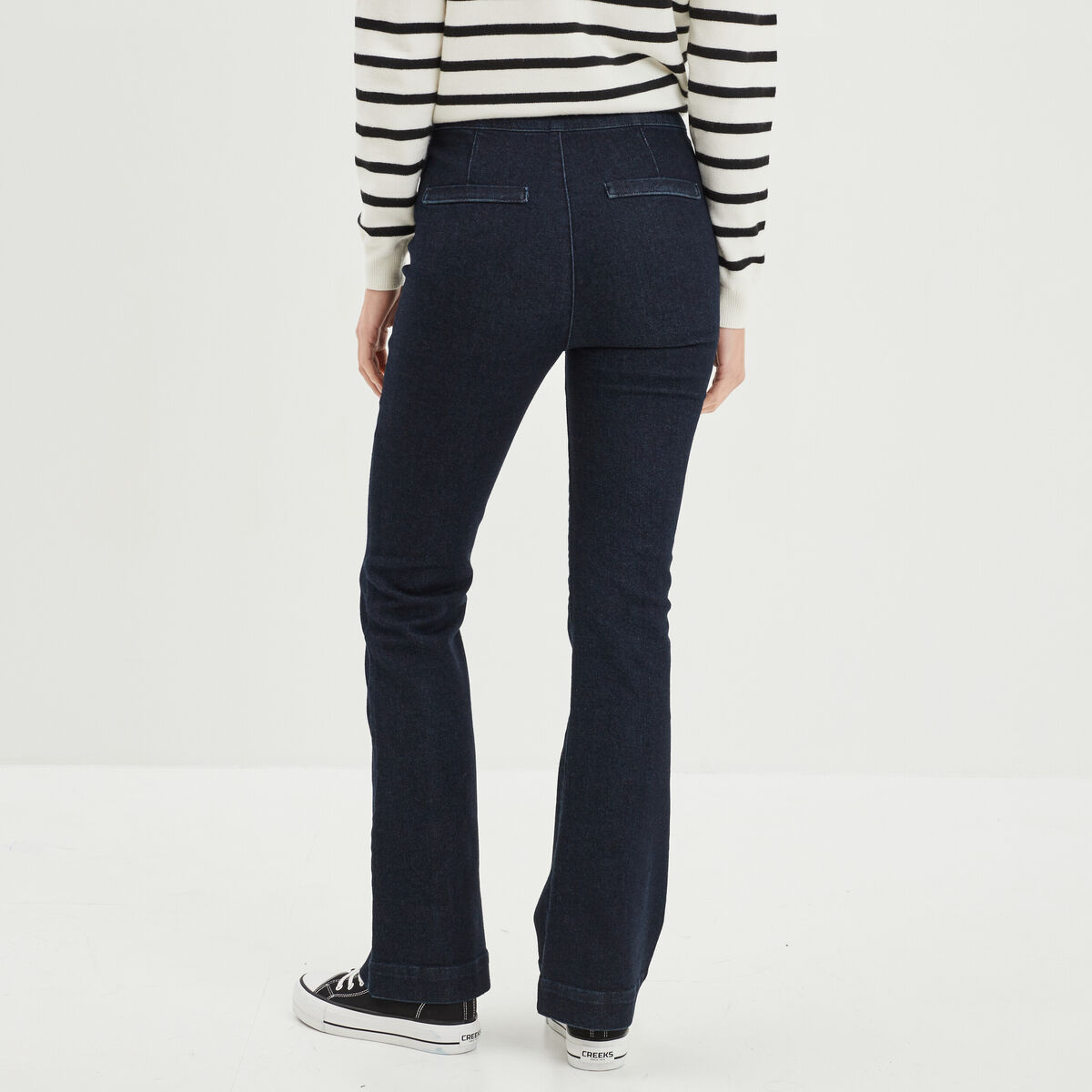 Jeans taille haute flare à ponts denim brut femme