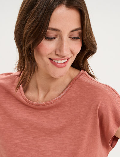 T-shirt col rond manches courtes terracotta femme
