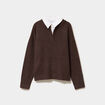 Pull 2-en-1 col chemise manches longues marron fonc&eacute; femme