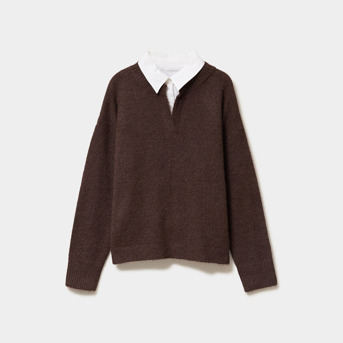 Pull 2-en-1 col chemise manches longues marron fonc&eacute; femme
