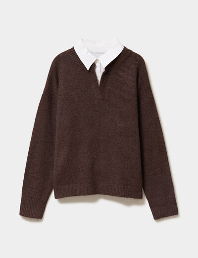 Pull 2-en-1 col chemise manches longues marron fonc&eacute; femme