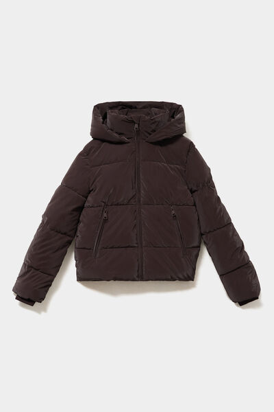 Doudoune courte imperm&eacute;able &agrave; capuche marron fonc&eacute; femme