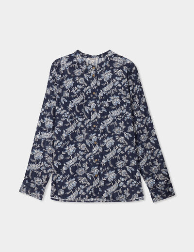 Chemise manches longues col mao bleu marine femme