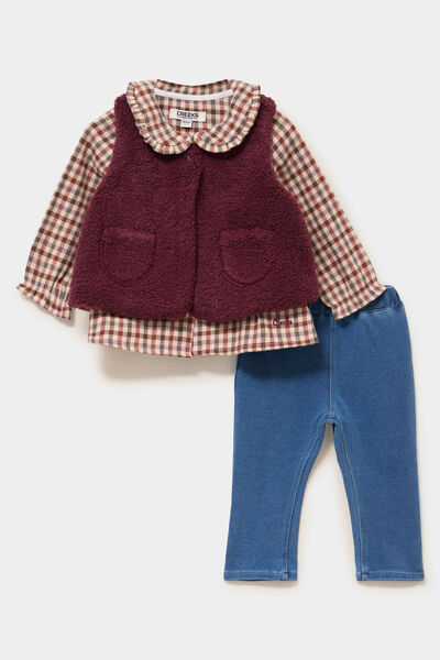 Ensemble pantalon t-shirt gilet polaire bordeaux b&eacute;b&eacute; fille