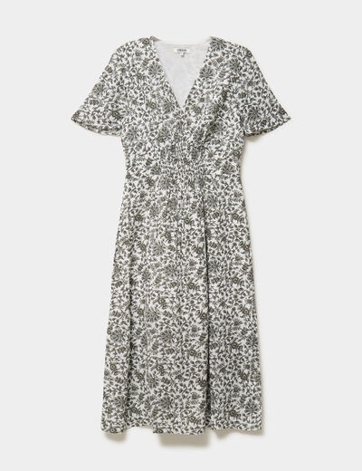Robe longue empire taille smock&eacute;e ecru femme