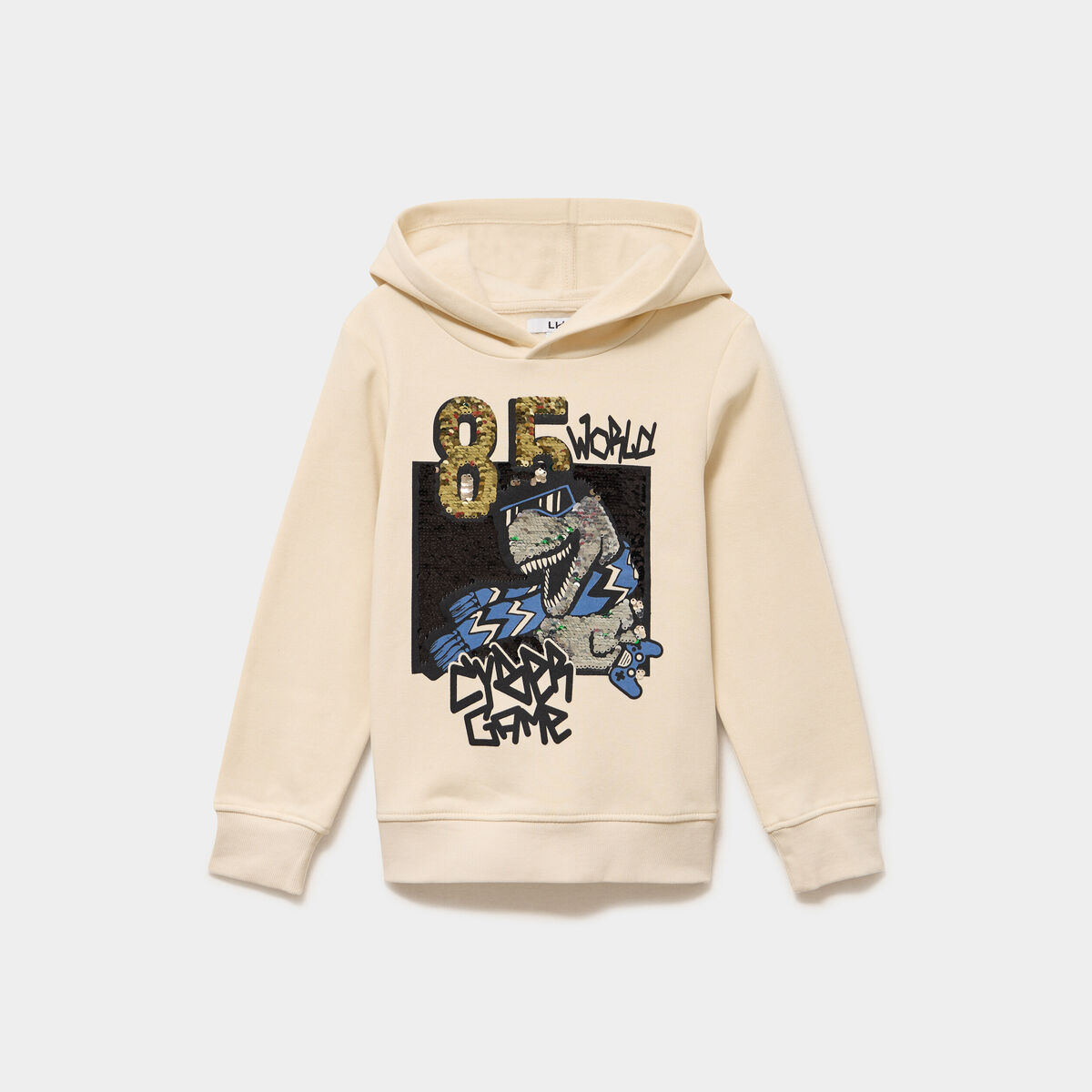 Sweat hoodie capuche sequins r&eacute;versibles ecru gar&ccedil;on