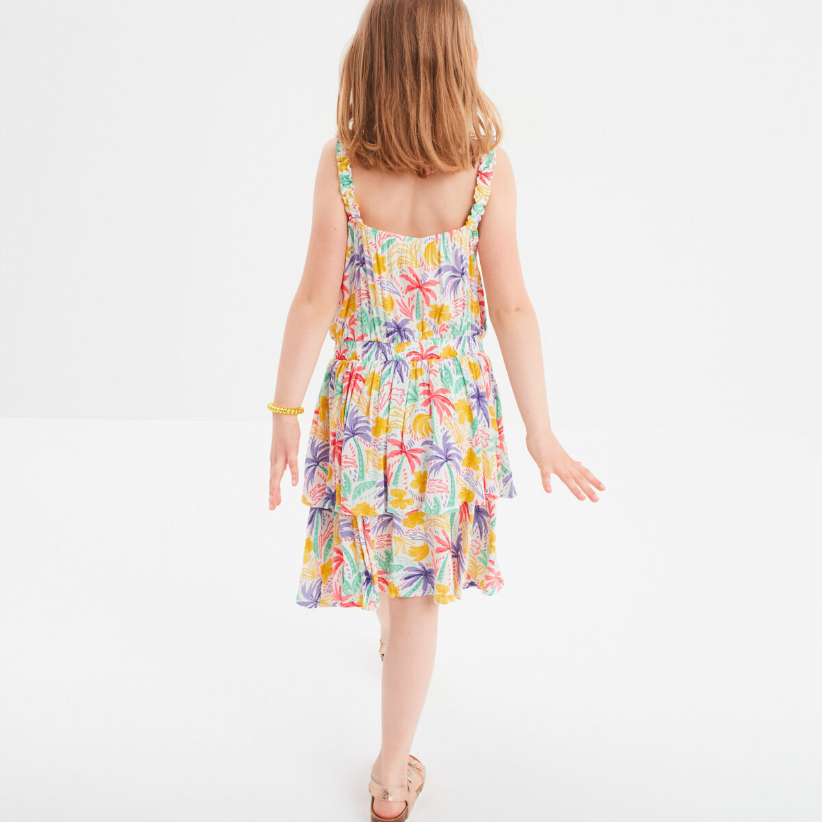 Robe courte &agrave; bretelles et volants ecru fille