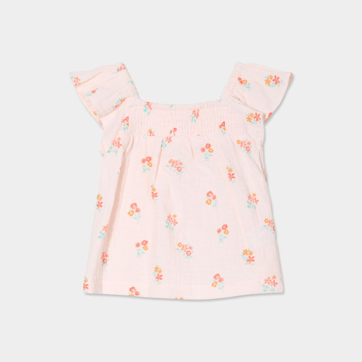 Blouse smockée à volants gaze de coton rose clair bébé fille