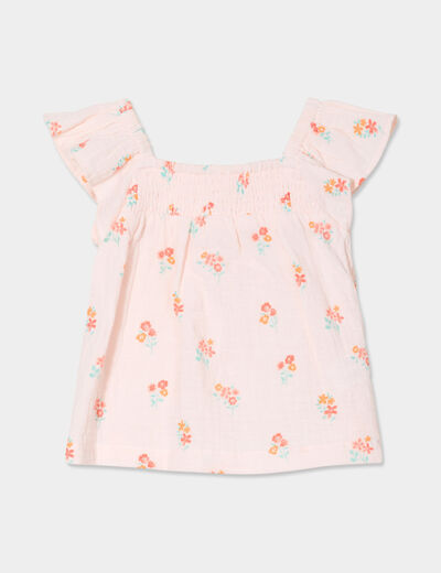 Blouse smockée à volants gaze de coton rose clair bébé fille