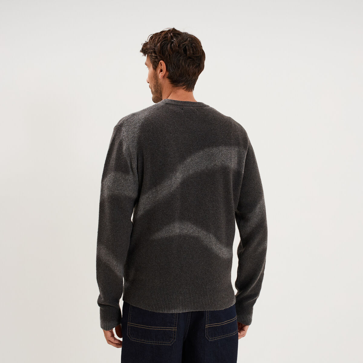 Pull col rond manches longues gris fonc&eacute; homme