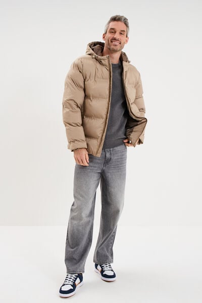 Doudoune courte &agrave; capuche d&eacute;perlante taupe homme