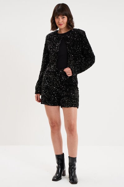 Short &agrave; sequins taille &eacute;lastiqu&eacute;e noir femme