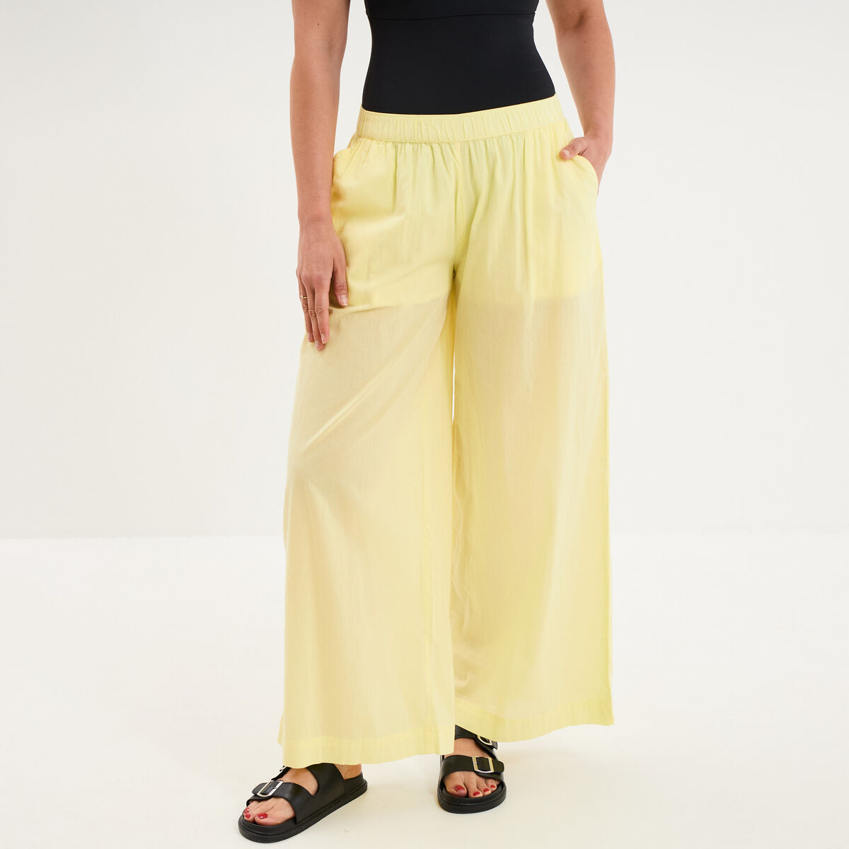 Pantalon de plage voile de coton jaune femme
