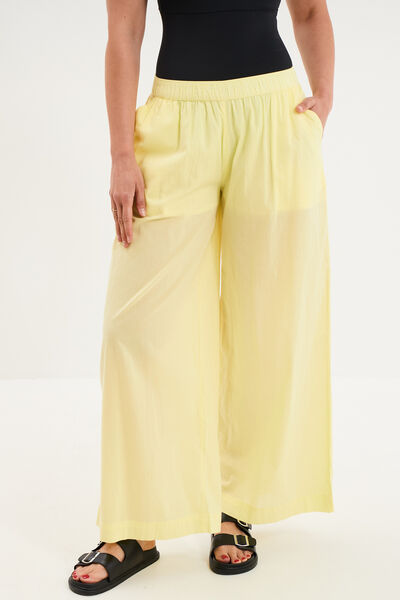 Pantalon de plage voile de coton jaune femme