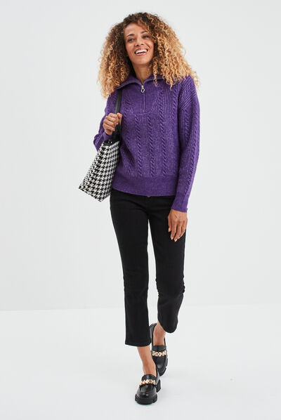 Pull camionneur zippé torsades Liberto violet foncé femme