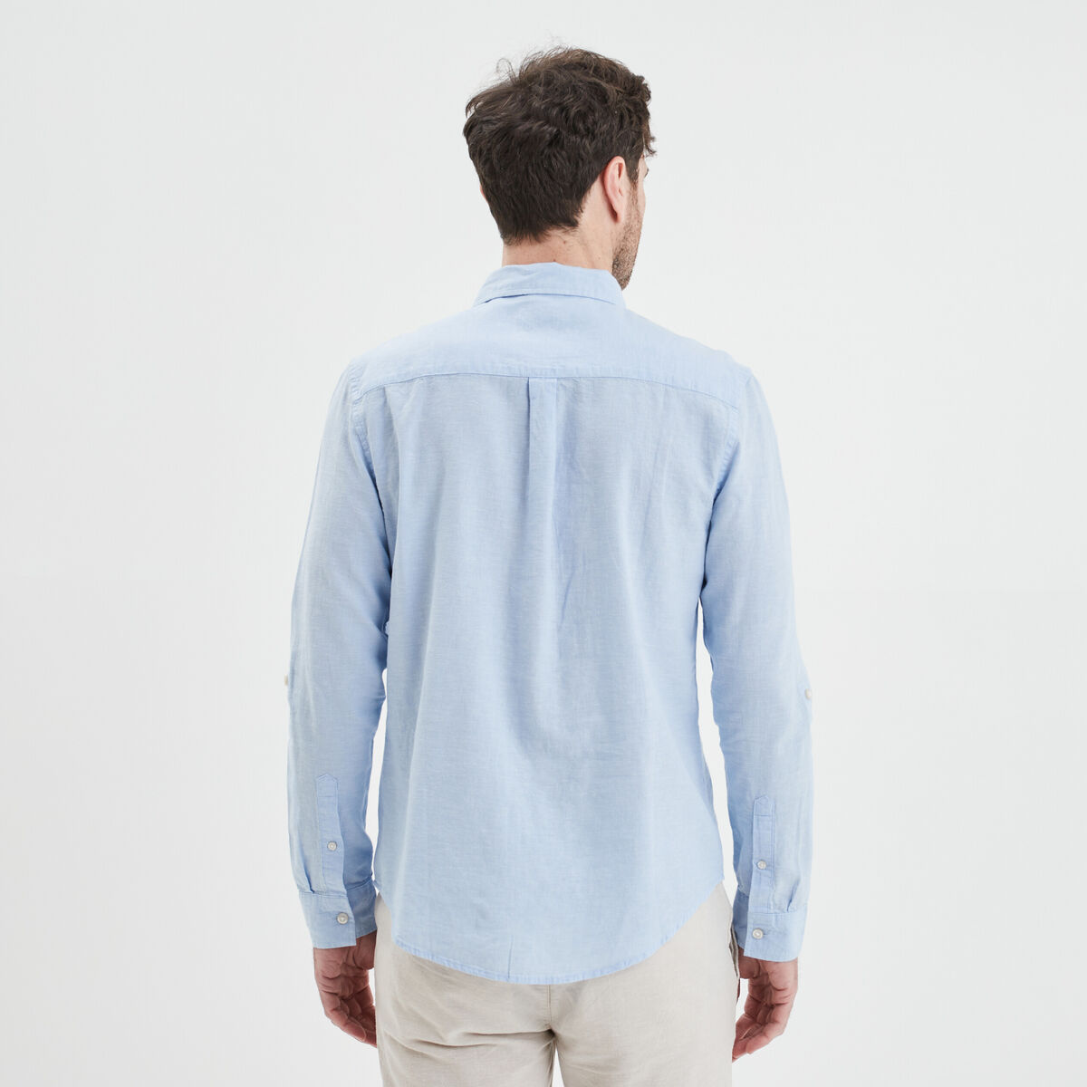 Chemise manches longues lin m&eacute;lang&eacute; bleu ciel homme