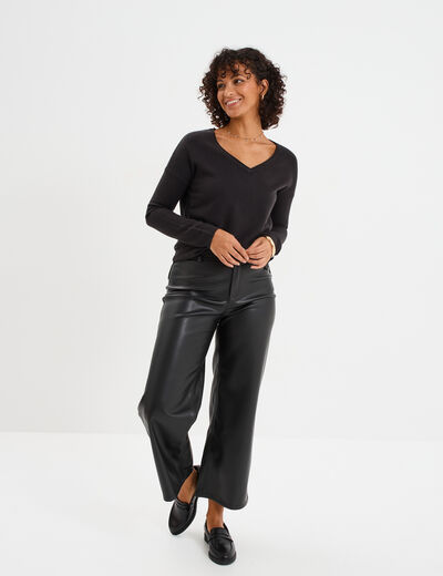 Pull col en V manches longues noir femme