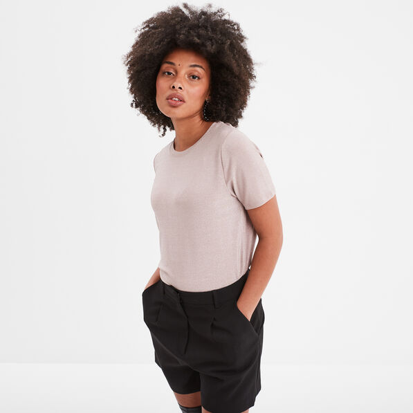 T-shirt manches courtes fils métallisés rose clair femme