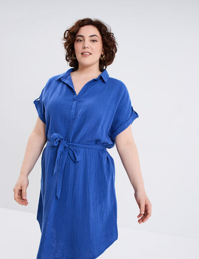 Robe manches courtes en gaze de coton bleu roi femme grande taille