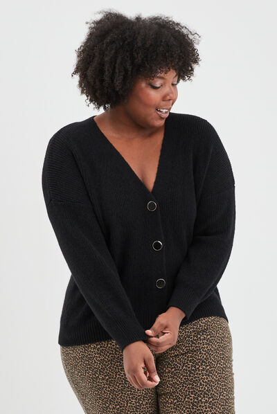 Gilet boutonné à col en V noir femme grande taille