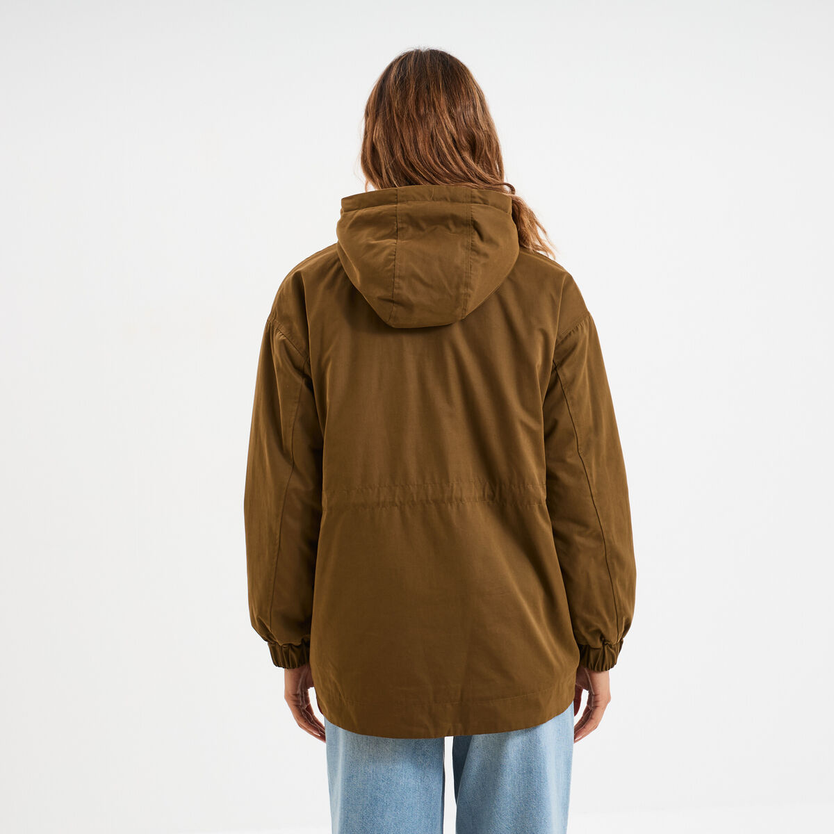Parka oversize capuche doubl&eacute;e sherpa vert olive femme