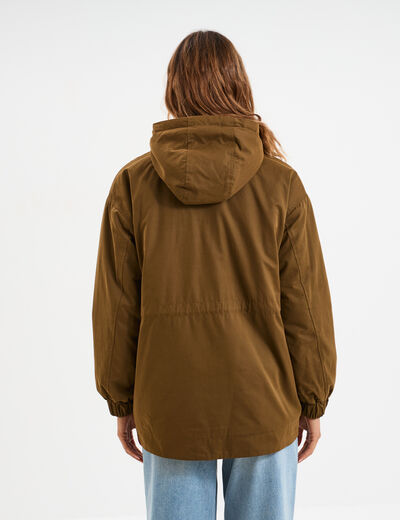 Parka oversize capuche doubl&eacute;e sherpa vert olive femme