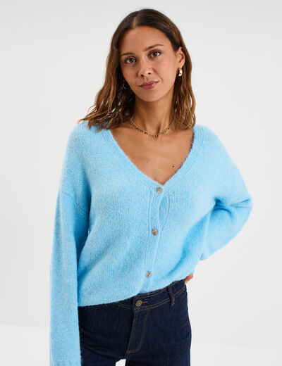 Gilet col en V manches longues bleu clair femme