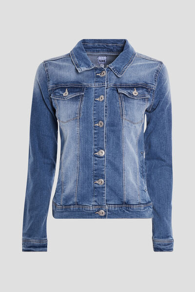 Veste droite en jean denim double stone femme