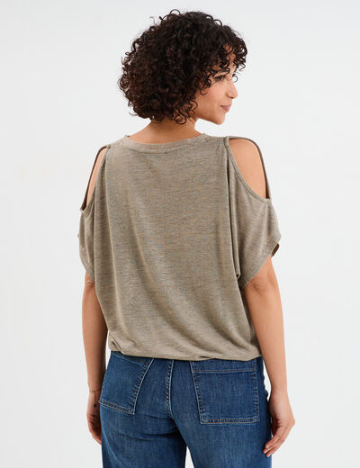 T-shirt épaules ouvertes col en V vert kaki femme