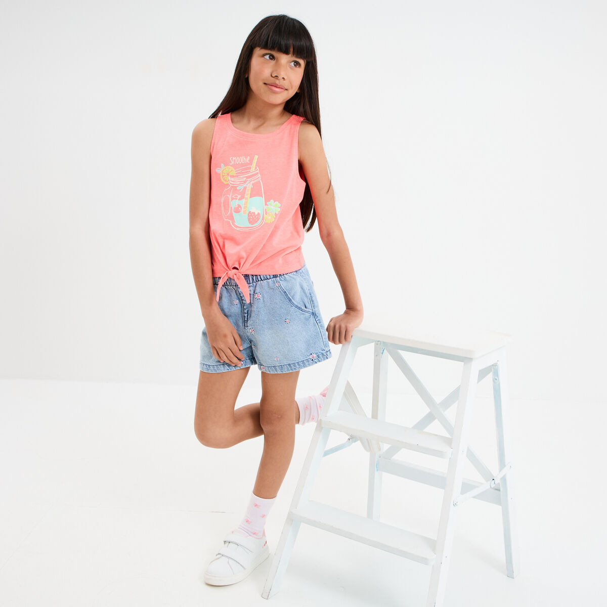 Short en jean brodé coton denim triple stone fille