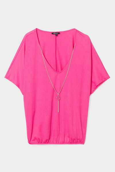 T-shirt col en V bijou Mosquitos rose fushia femme