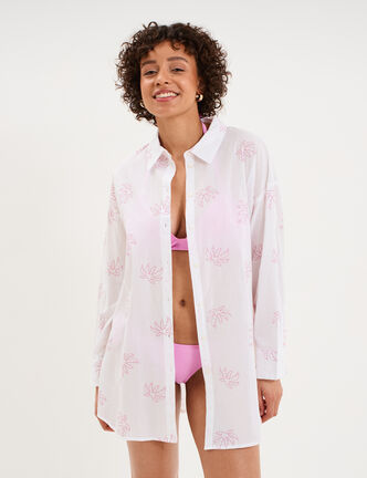 Robe chemise de plage voile de coton blanc femme