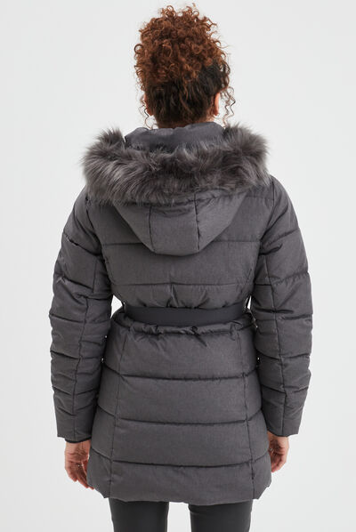 Doudoune ceinturée mi-longue à capuche gris clair femme
