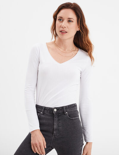 T-shirt manches longues col en V coton blanc femme