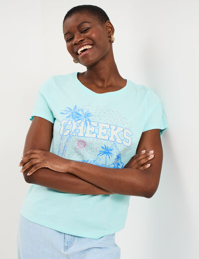 T-shirt manches courtes col rond coton bleu turquoise femme