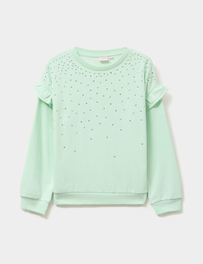 Sweat strass et volants manches longues vert clair fille