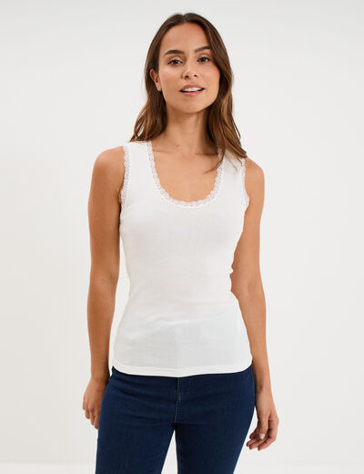 D&eacute;bardeur coton bords dentelle blanc femme