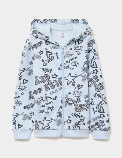 Sweat zipp&eacute; &agrave; capuche bleu ciel fille
