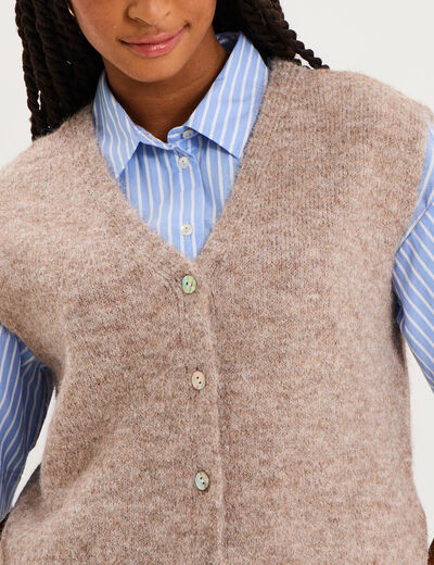 Gilet sans manches col V boutonn&eacute; beige femme